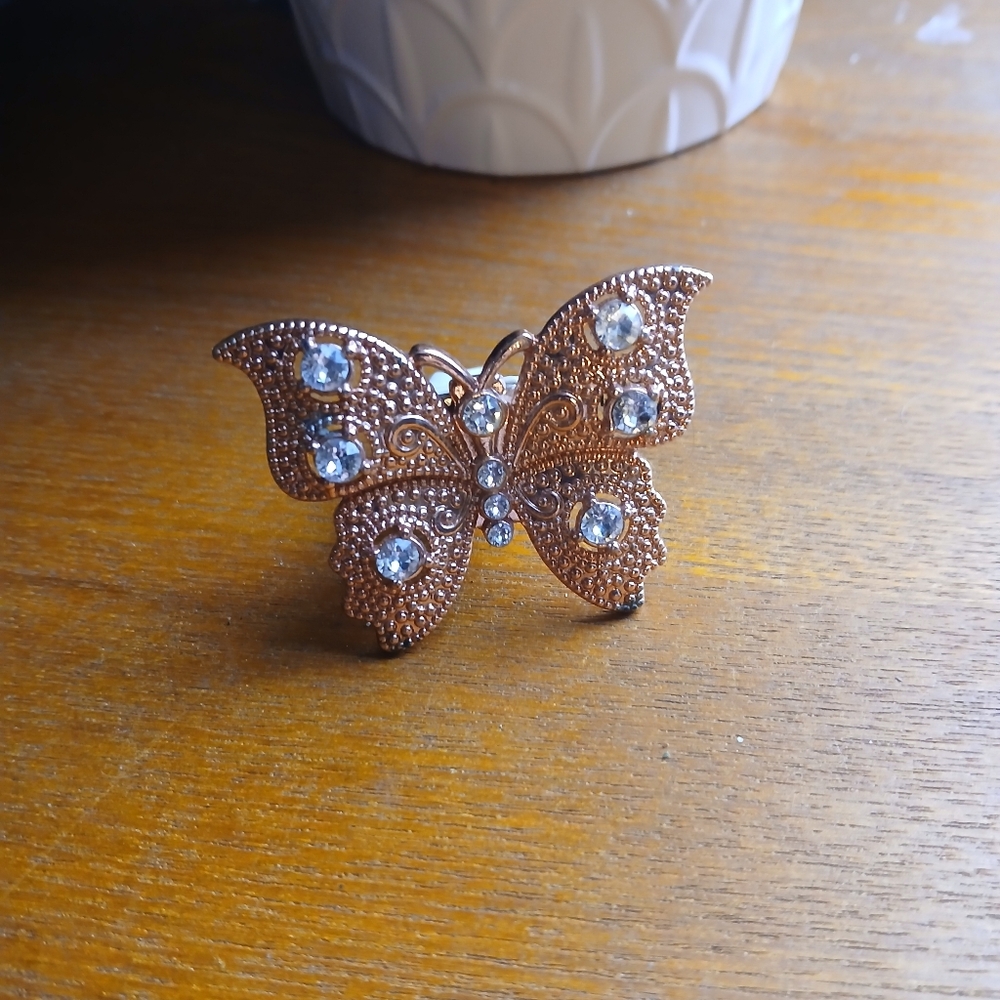 Elegant Rose Gold Butterfly with Crystals Visor Clip.